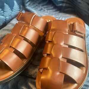Brown Leather Fisherman Slide Sandals